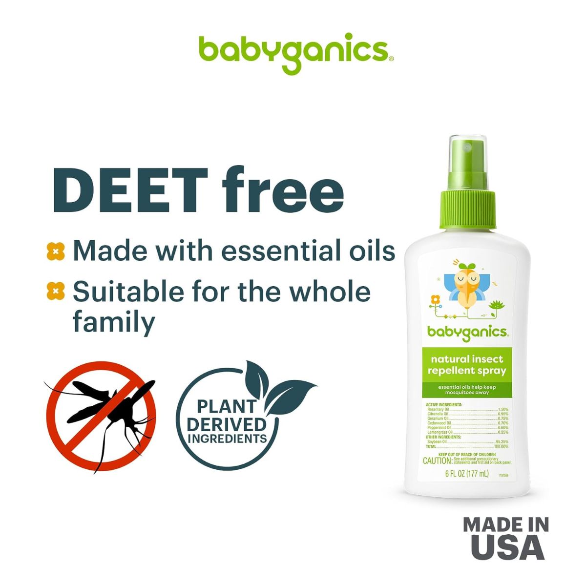 Babyganics Natural Insect Repellent Spray 6 Oz - Up to 4 Hours of Protection